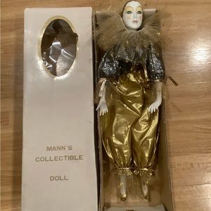 Vtg 80s Seymour Mann harlequin porcelain doll jester clown gold costume 15 inch